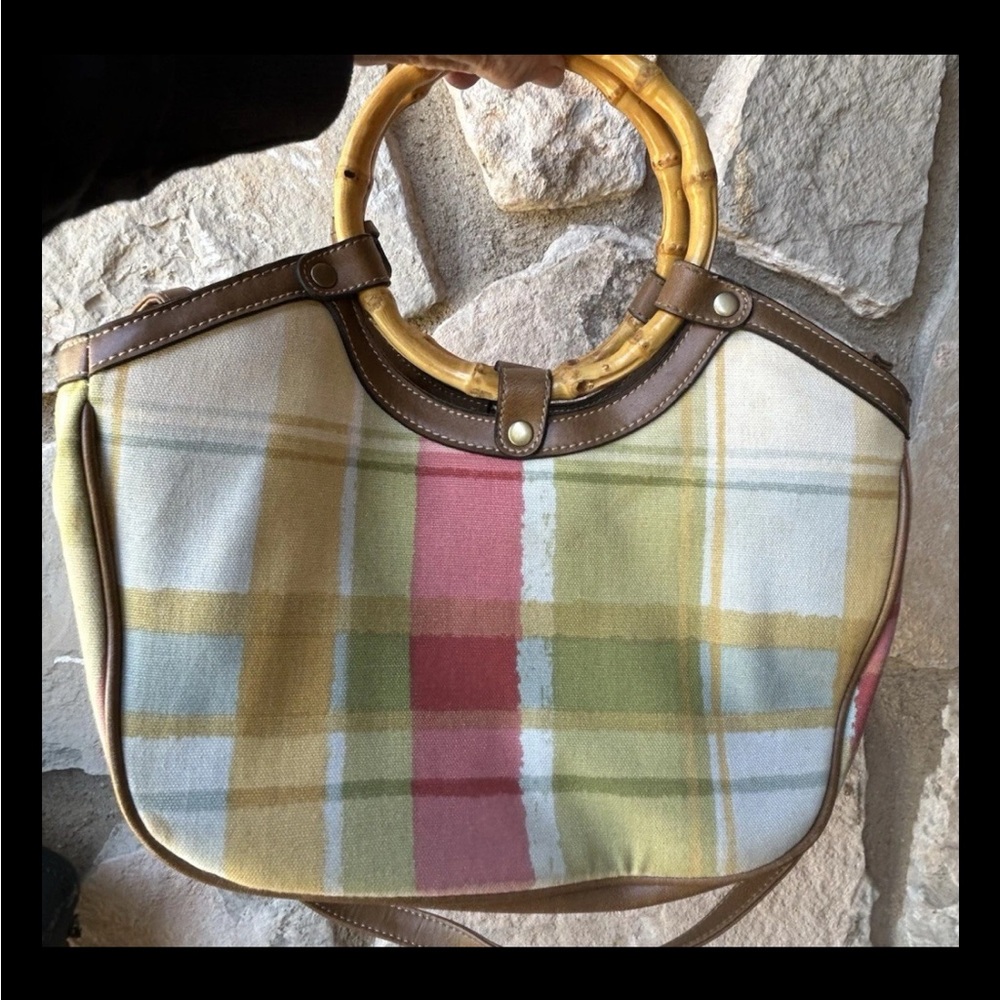 Vtg Relic Purse Pastel Plaid Convertible Bamboo Wood Handles Shoulder Strap EC‎ - Picture 2 of 7